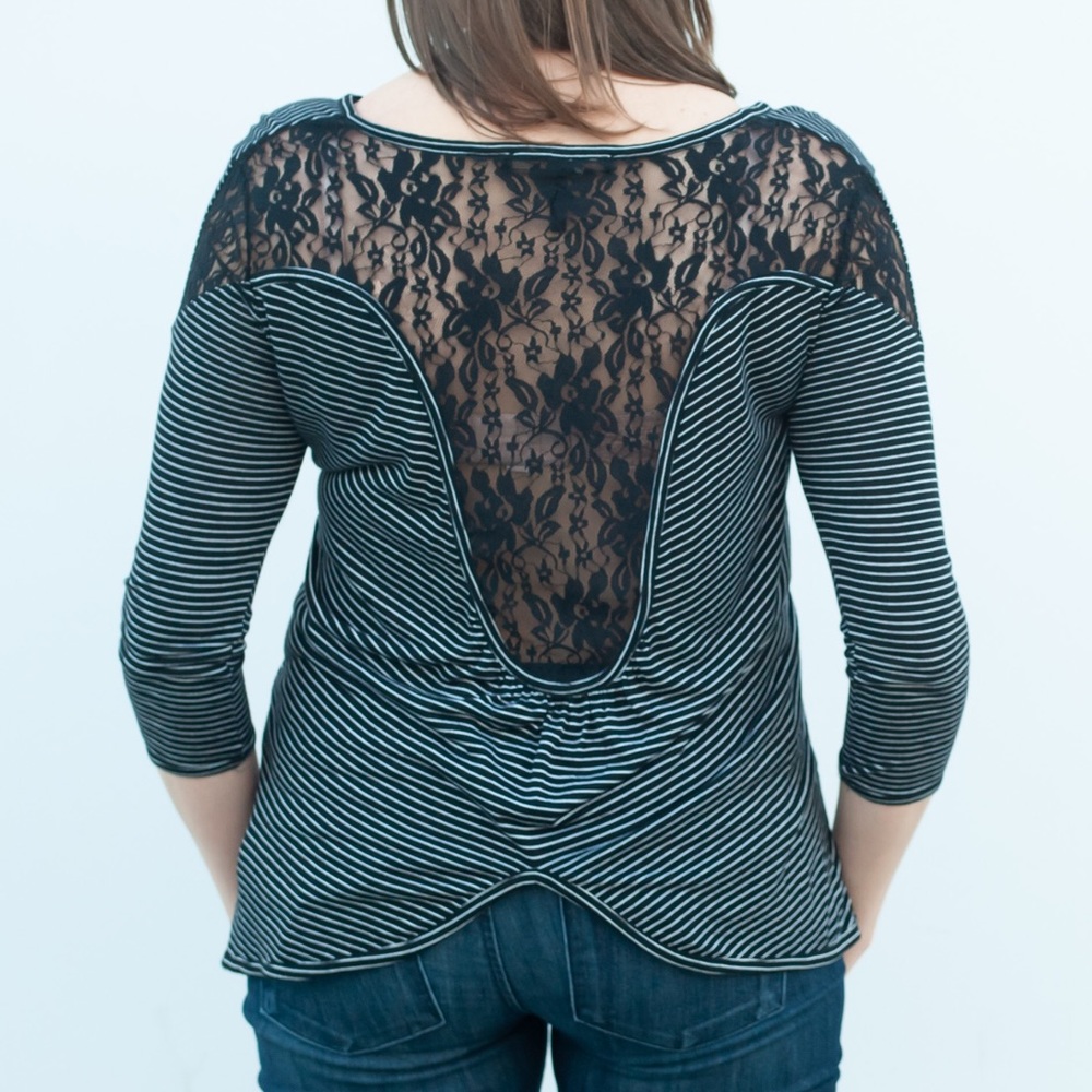 BCBG Black/White Striped Lace Top